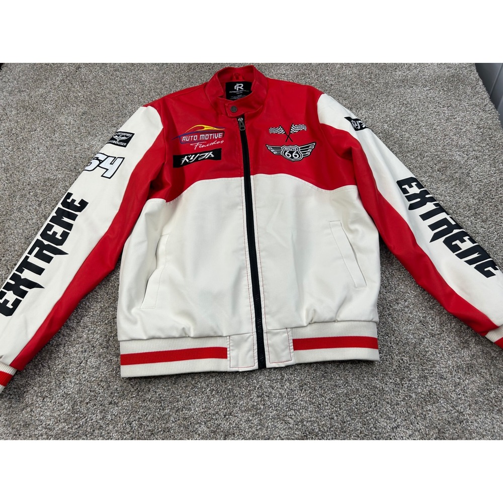 Refinery Republic Men Red White Faux Leather Racer Jacket Route 66 Small